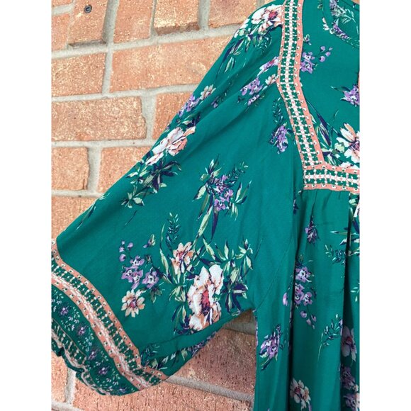 Rachel Zoe Green Floral Boho Peasant Top Puff Sleeves & Tassel Tie Neck Womens S - Picture 11 of 11